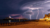 Eastbourne, Sussex, UK. 18th June 2019. Eastbourne Pier became the focal point for a lightning storm that saw over 1,000 strikes