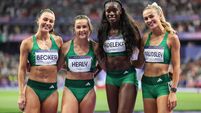 Sophie Becker, Phil Healy, Rhasidat Adeleke and Sharlene Mawdsley after the race 10/8/2024