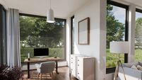 comfortable workplace with pc on wooden desk in cozy living room; interior modern rural design; bright sunlightl in ; 3D renderi