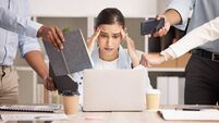 Stress, anxiety and multitasking business woman with headache from workload and laptop deadline in office. Burnout, frustration