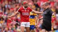 Brian Hayes speaks to referee Johnny Murphy at the final whistle of normal time 21/7/2024