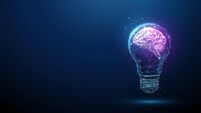 Abstract blue glowing light bulb with violet brains inside