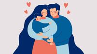 Happy young mother and father embrace their child with care and love.