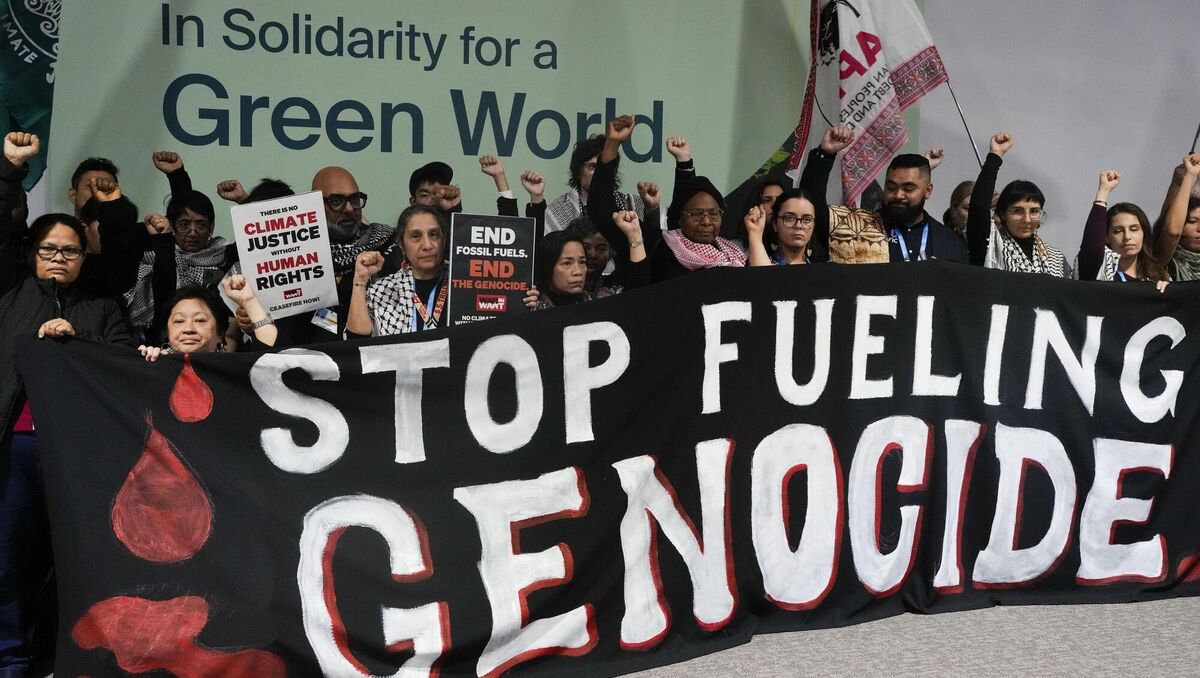 Activists demonstrate for climate justice and a ceasefire in the Israel-Hamas war at Cop29 in Baku, Azerbaijan, last week. Picture: Rafiq Maqbool/AP Activists demonstrate for climate justice and a ceasefire in the Israel-Hamas war at Cop29 in Baku, Azerbaijan, last week. Picture: Rafiq Maqbool/AP