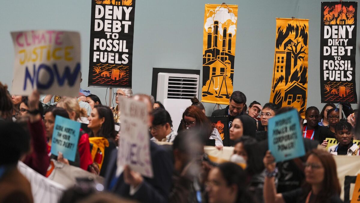 Activists participate in a demonstration against fossil fuels at the Cop29 UN Climate Summit, on Saturday. Picture: Peter Dejong/AP Activists participate in a demonstration against fossil fuels at the Cop29 UN Climate Summit, on Saturday. Picture: Peter Dejong/AP