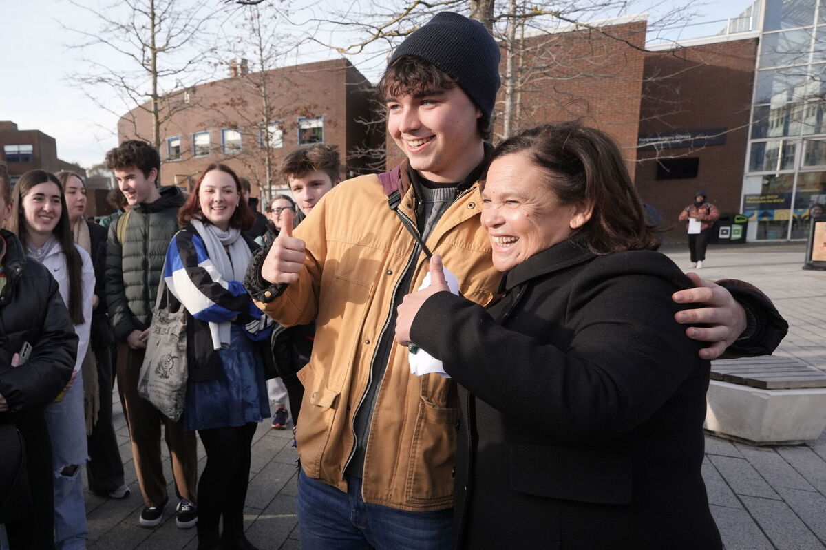 Mary Lou McDonald pauses for a pic with the manager of DCU TV, 20-year-old Samuel Kennedy from Roscommon, during the launch of Sinn Féin's policy document for young people at DCU. Picture: Brian Lawless/PA Mary Lou McDonald pauses for a pic with the manager of DCU TV, 20-year-old Samuel Kennedy from Roscommon, during the launch of Sinn Féin's policy document for young people at DCU. Picture: Brian Lawless/PA
