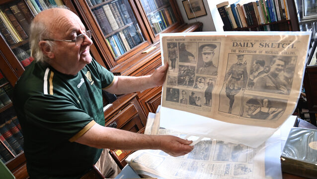 Noel Scannell with original copies of newspapers including 'The Daily Sketch' reporting the killing of Michael Collins in August 1922 — just one part of Mr Scannell's vast collection of Michael Collins memorabilia. Picture: Larry Cummins <p> Noel Scannell with original copies of newspapers including 'The Daily Sketch' reporting the killing of Michael Collins in August 1922 — just one part of Mr Scannell's vast collection of Michael Collins memorabilia. Picture: Larry Cummins</p>