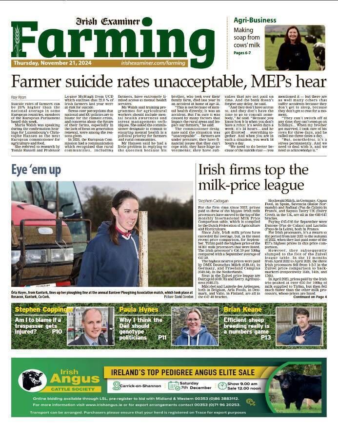 The 'Irish Examiner' Farming front page on November 21 highlighted the scourge of suicide among farmers. The 'Irish Examiner' Farming front page on November 21 highlighted the scourge of suicide among farmers.