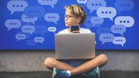 Boy Using Smartphone Typing, Chatting Conversation Concept. Chat Box Icons. Social Media Maketing.