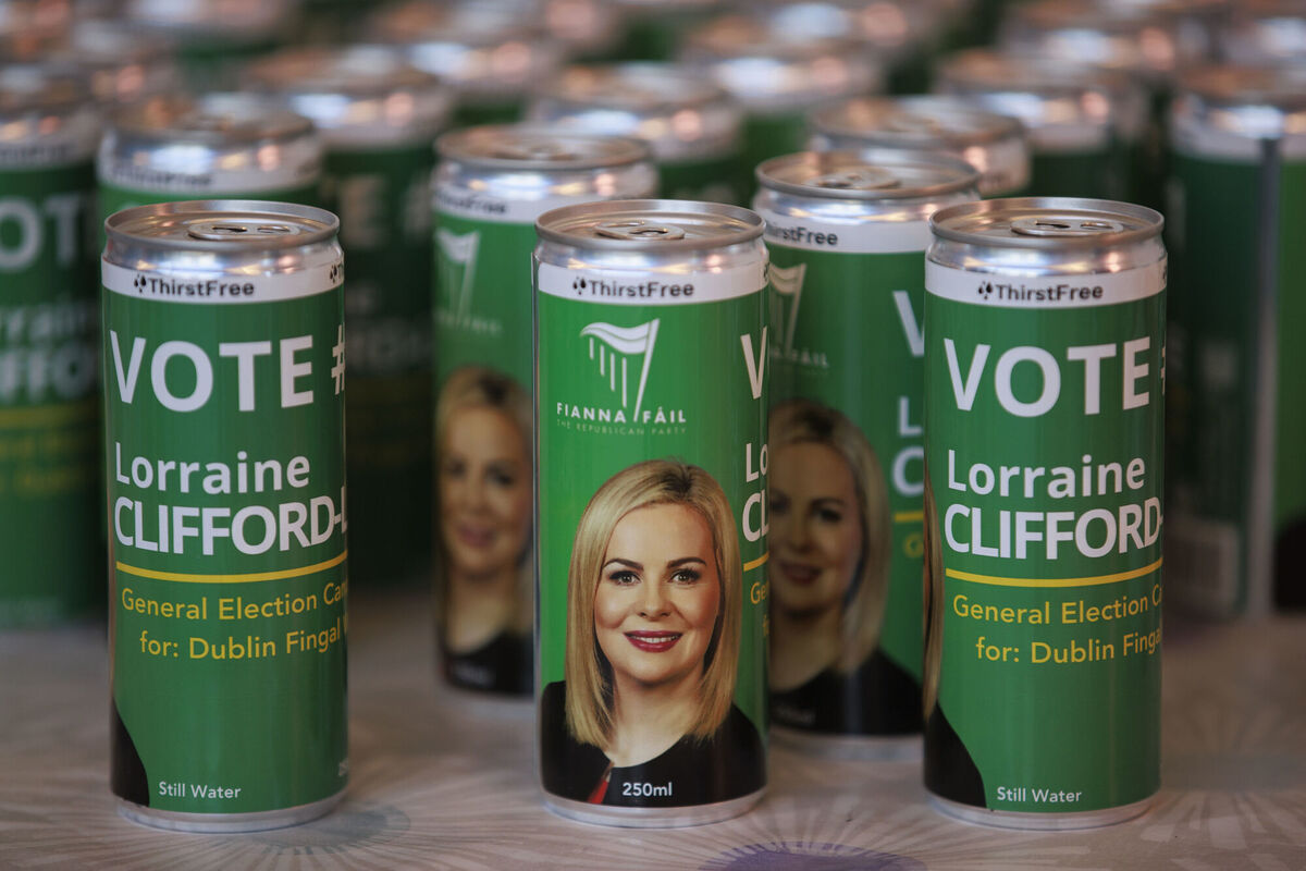 Cans of water with election branding of Fianna Fáil candidate Lorraine Clifford-Lee at Lusk Community Cultural Centre. Picture: Liam McBurney/PA Cans of water with election branding of Fianna Fáil candidate Lorraine Clifford-Lee at Lusk Community Cultural Centre. Picture: Liam McBurney/PA