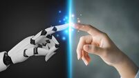 Robot and human hands pointing to each other, the idea of creating futuristic AI, intelligent systems to work instead of humans