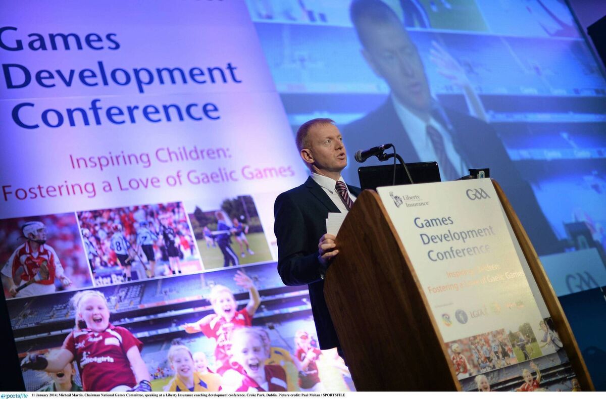 Micheál Martin speaking at a 2014 coaching development conference. Photo by Sportsfile Micheál Martin speaking at a 2014 coaching development conference. Photo by Sportsfile