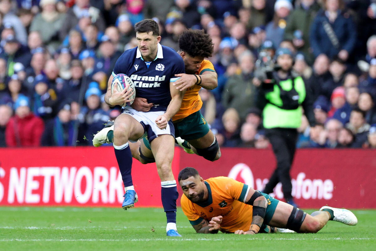 Scotland's Blair Kinghorn (left) is tackled by Australia's Robert Valetini during the Autumn International match at Scottish Gas Murrayfield. Scotland's Blair Kinghorn (left) is tackled by Australia's Robert Valetini during the Autumn International match at Scottish Gas Murrayfield.