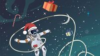Christmas in Earth orbit, astronaut in outer space. Vector.