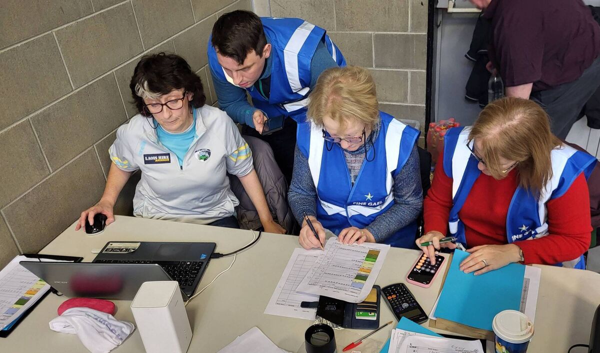 Early figures being checked in the Portlaoise Count Centre by the Fine Gael tally men Early figures being checked in the Portlaoise Count Centre by the Fine Gael tally men