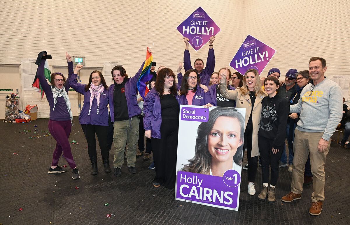 Holly Cairns supporters show their delight in her absence when she was elected in Cork South West at the count centre in Mallow GAA. Picture: Eddie O'Hare Holly Cairns supporters show their delight in her absence when she was elected in Cork South West at the count centre in Mallow GAA. Picture: Eddie O'Hare