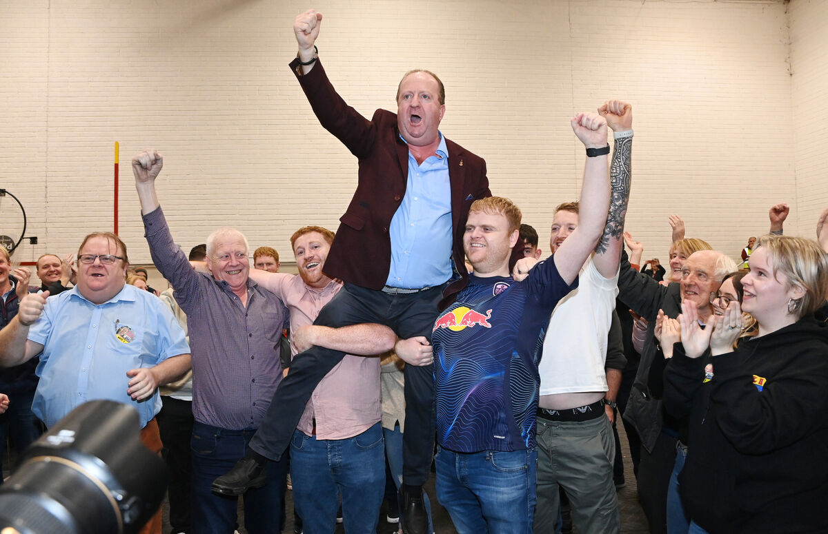 Independent Ireland leader Michael Collins, Cork South West, shows his delight on been elected at the count centre in Mallow GAA. Picture: Eddie O'Hare Independent Ireland leader Michael Collins, Cork South West, shows his delight on been elected at the count centre in Mallow GAA. Picture: Eddie O'Hare