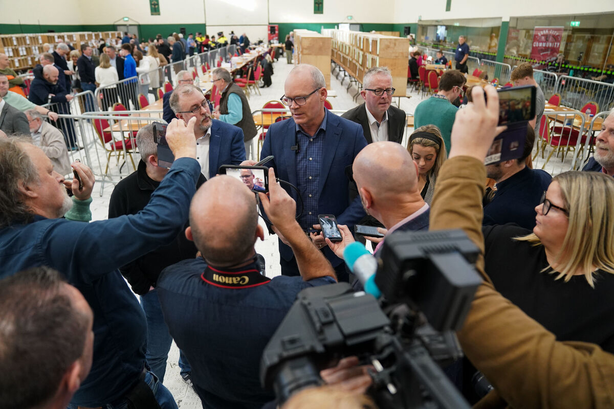 Simon Coveney speaks to media at Nemo Rangers GAA Club in Cork, as the vote count continues. Picture: Jacob King/PA Wire Simon Coveney speaks to media at Nemo Rangers GAA Club in Cork, as the vote count continues. Picture: Jacob King/PA Wire
