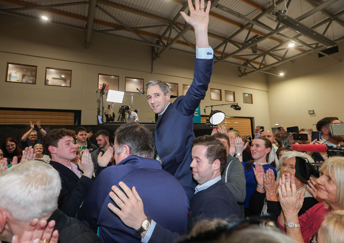 Taoiseach Simon Harris celebrates after retaining his seat in the Shoreline counting centre in Wicklow. Picture: Sasko Lazarov 