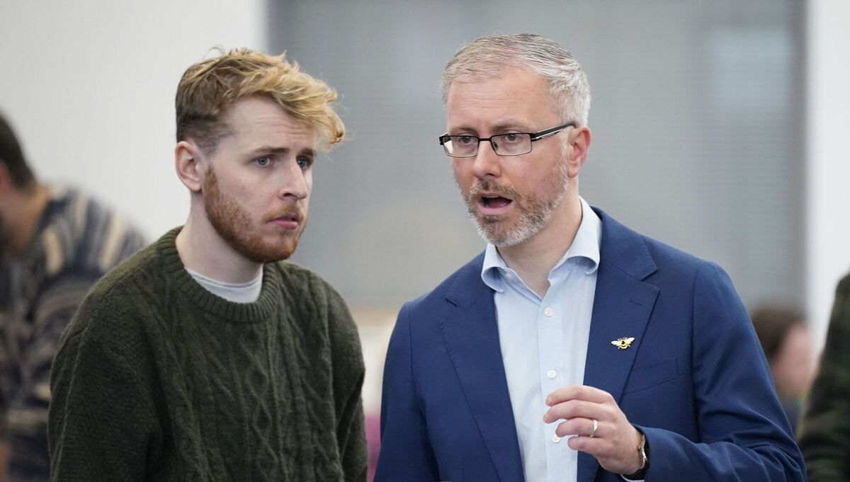 Green Party leader Rodric O'Gorman, right, at the Dublin West count centre at Phibblestown Community Centre on Sunday evening. Picture: Niall Carson/PA Green Party leader Rodric O'Gorman, right, at the Dublin West count centre at Phibblestown Community Centre on Sunday evening. Picture: Niall Carson/PA