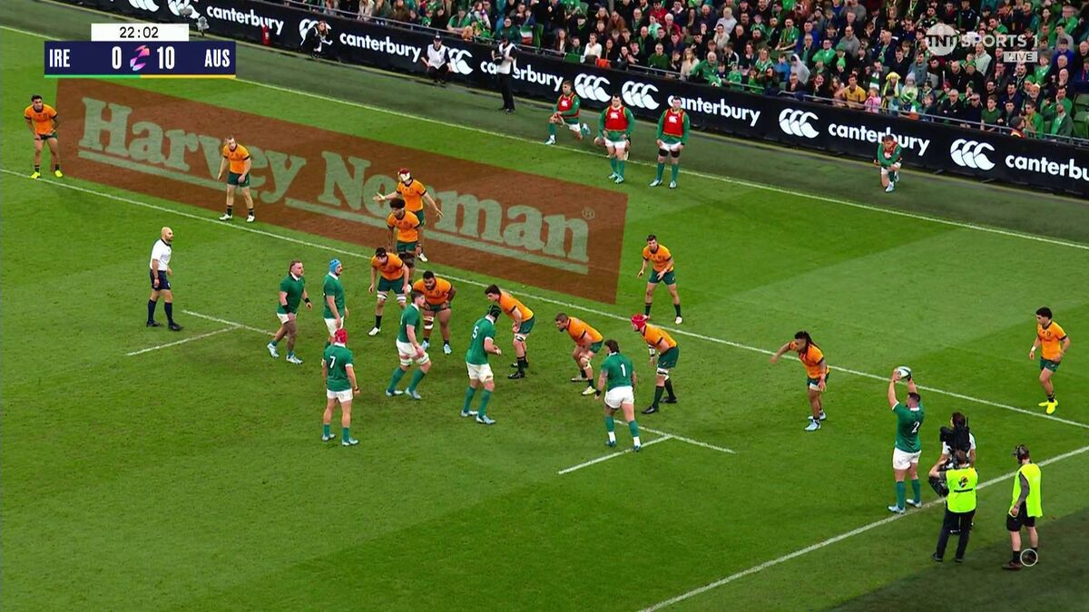 Confusion in Australia's defence just before Josh van der Flier's try for Ireland in their Autumn Nations Series test match. Picture: TNT Sports Confusion in Australia's defence just before Josh van der Flier's try for Ireland in their Autumn Nations Series test match. Picture: TNT Sports