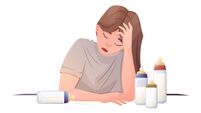 Tired woman holding her head. Young exhausted mother with baby milk bottles. Vector isolated cartoon illustration.