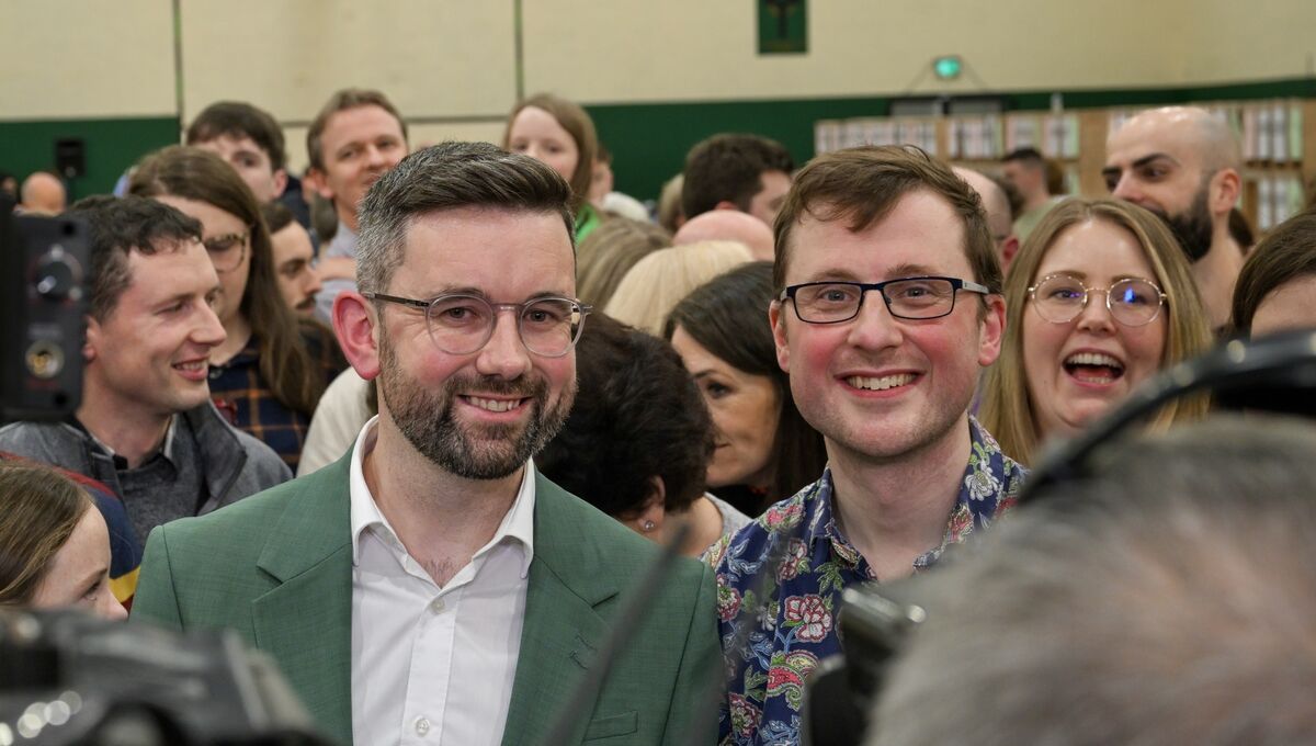 Social Democrat’s Pádraig Rice celebrates with his husband Aaron O’Sullivan as he takes the final seat in Cork South Central. Picture: Chani Anderson Social Democrat’s Pádraig Rice celebrates with his husband Aaron O’Sullivan as he takes the final seat in Cork South Central. Picture: Chani Anderson